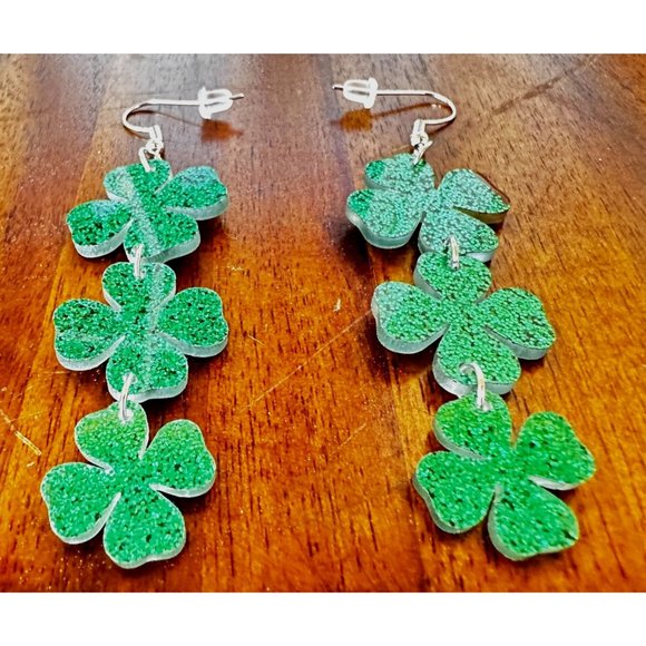 Four Leaf Clover Earrings Green Dangle Hooks New Love St Patrick's Day P… - Picture 5 of 7